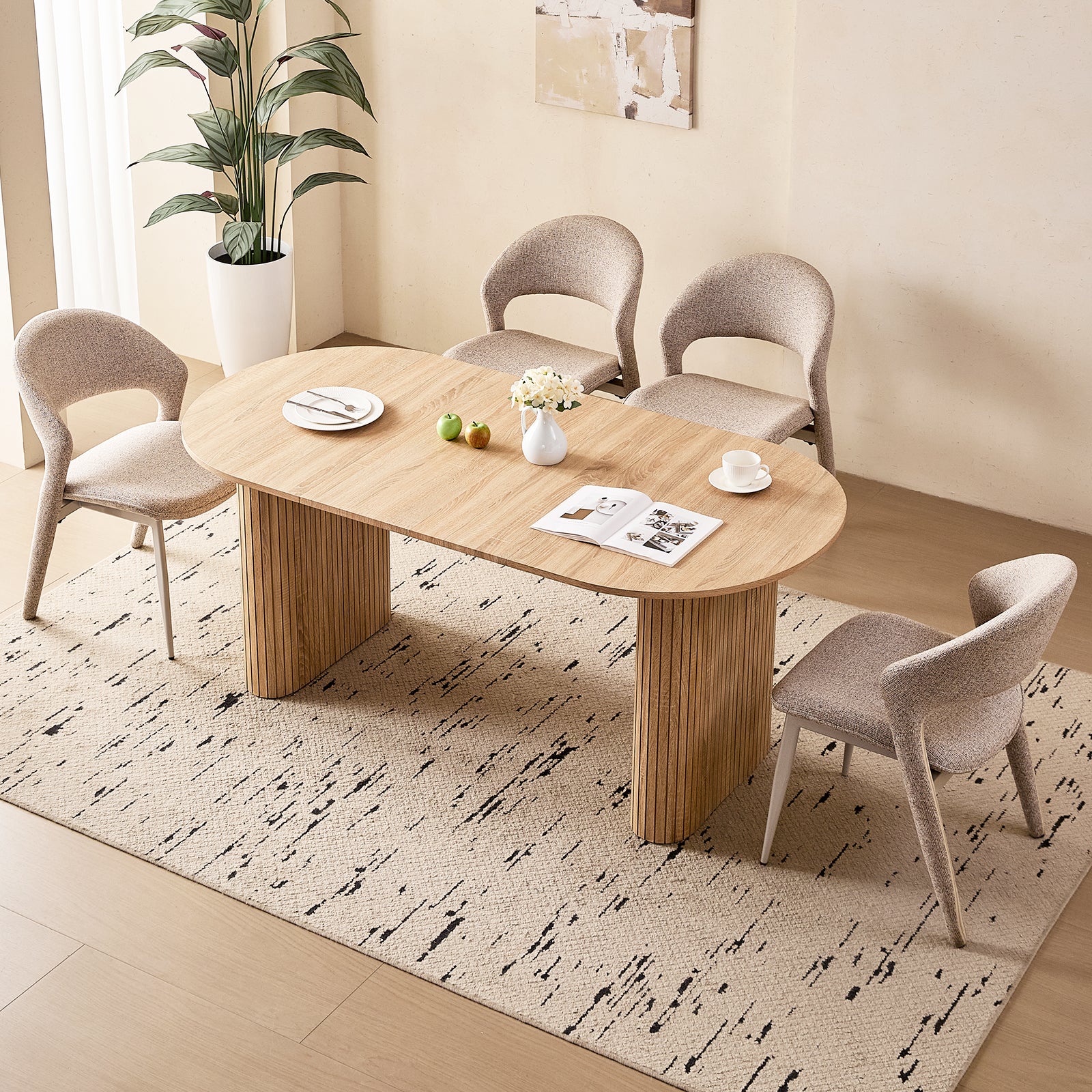 71" Natural Large Dining Table Set for 4 Modern Kitchen Table with Brown Linen Upholstered Kitchen Chairs Set of 4
