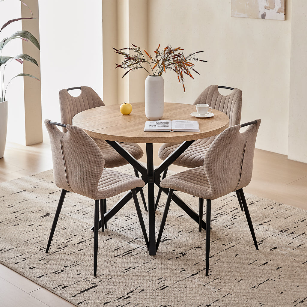 5 Piece 39" Round Dining Table Set for 4, Mid Century Kitchen Table with 4 Khaki Fabric Upholstered Dining Chairs for Apartment Living Room, Space Saving Table.