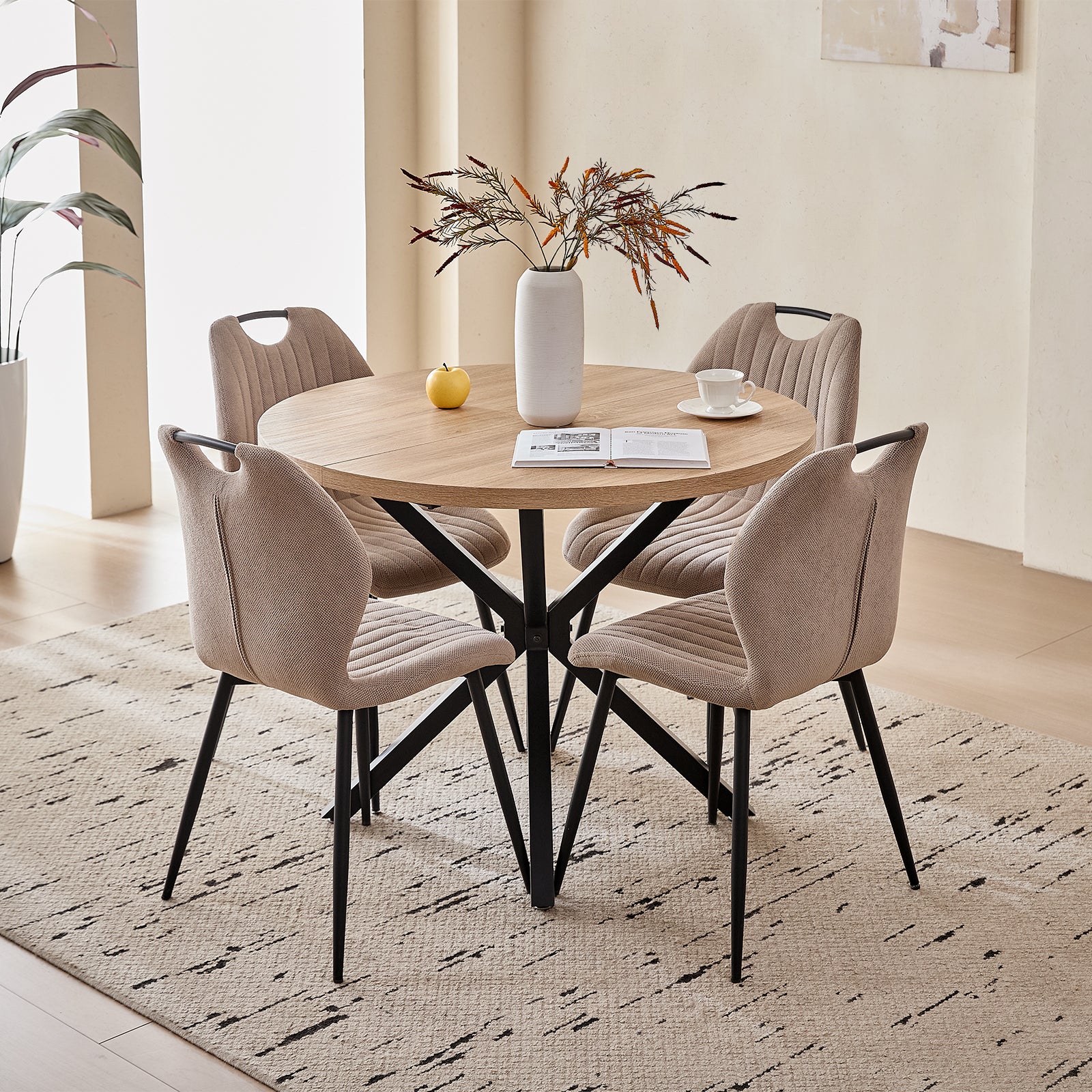 5 Piece 39" Round Dining Table Set for 4, Mid Century Kitchen Table with 4 Khaki Fabric Upholstered Dining Chairs for Apartment Living Room, Space Saving Table.
