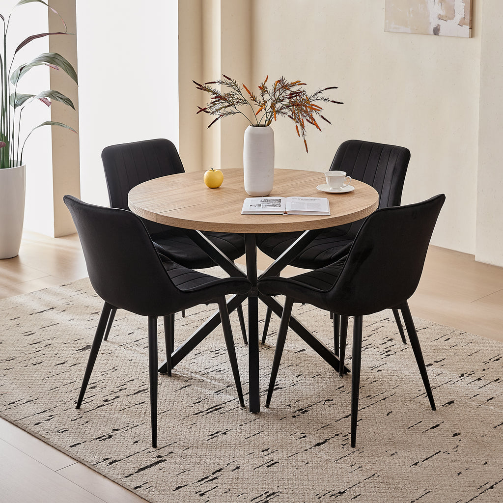 39" Round Dining Table Set for 4, Mid Century Kitchen Table with 4 Black Upholstered Dining Chairs for Apartment Living Room Space Saving,Natural Table