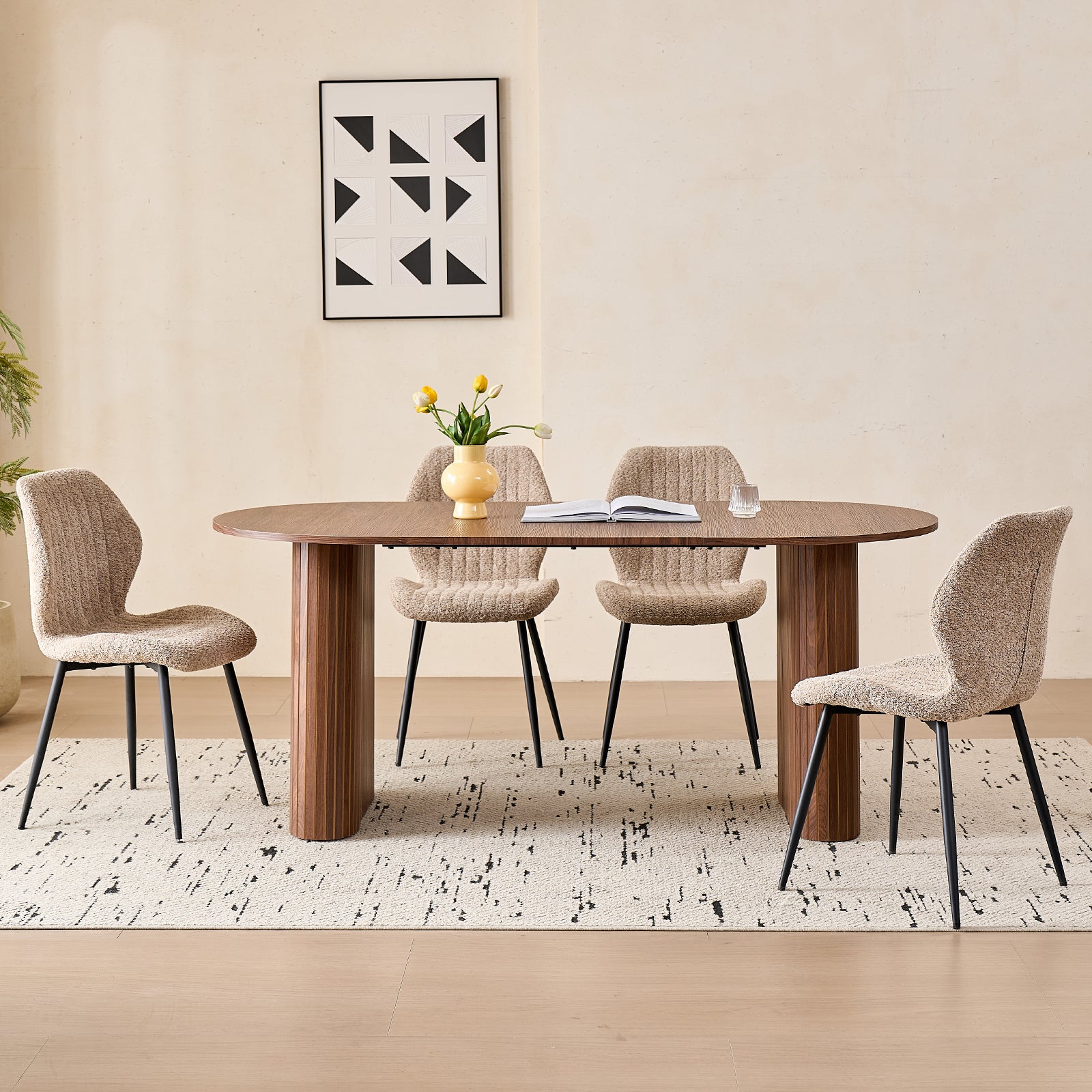71" Large Dining Table Set for 4, Rounded Corners Farmhouse Modern Rectangle Wood Kitchen Table with Boucle Chairs Set of 4