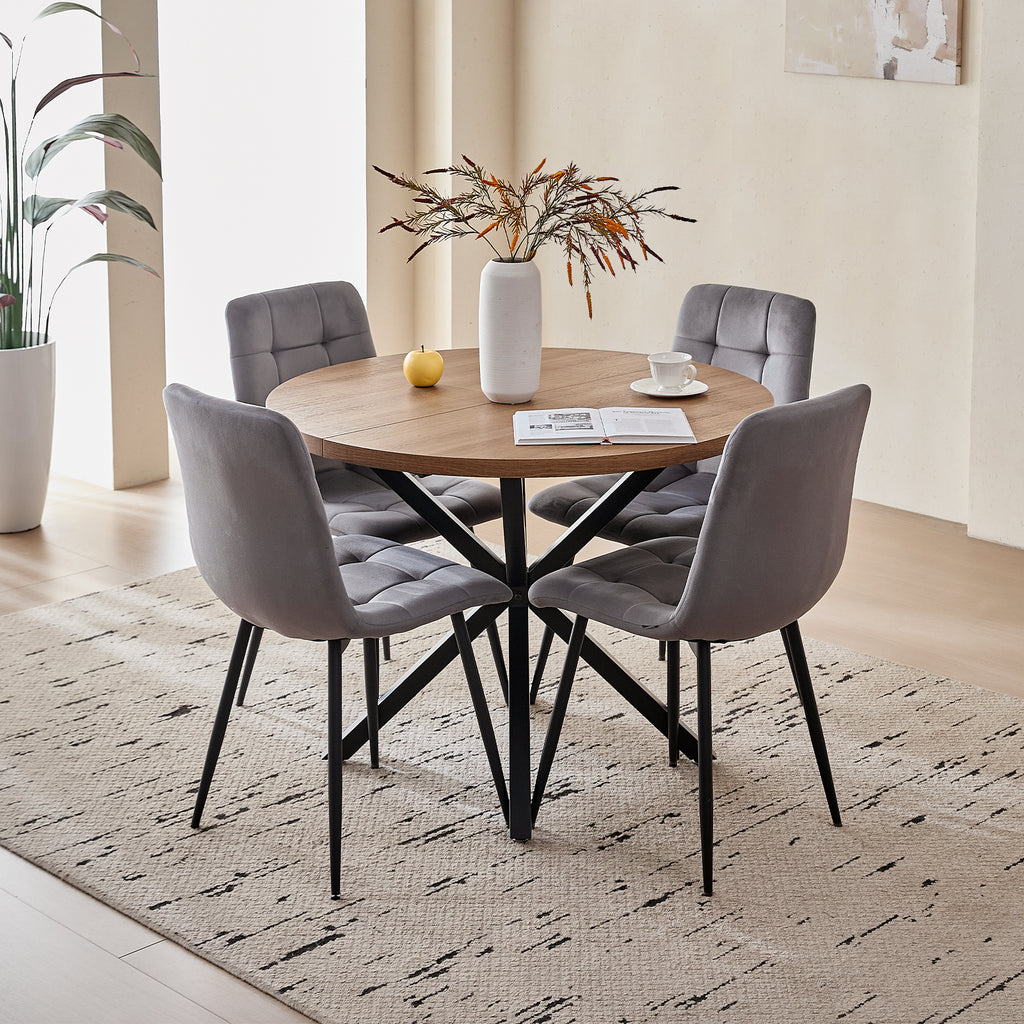 5 Pieces Round Dining Table Set - Mid-Century Brown Dining Table with 4 Gray Velvet Chairs Set, Coffee Table & Chairs with Black Metal Legs for Kitchen Dining Room, Apartment
