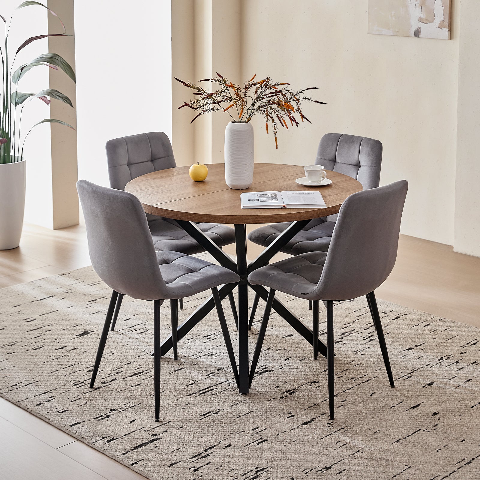 5 Pieces Round Dining Table Set - Mid-Century Brown Dining Table with 4 Gray Velvet Chairs Set, Coffee Table & Chairs with Black Metal Legs for Kitchen Dining Room, Apartment
