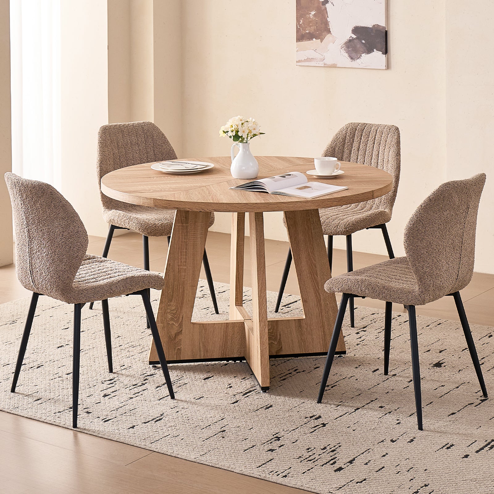 5 Piece 47'' Round Dining Table Chairs Set for 4, Farmhouse Oak Kitchen Table with 4 Boucle Mid Century Modern Dinning Room Chairs, Wood Dinner Table &Upholstered Chair Set of 4, Beige