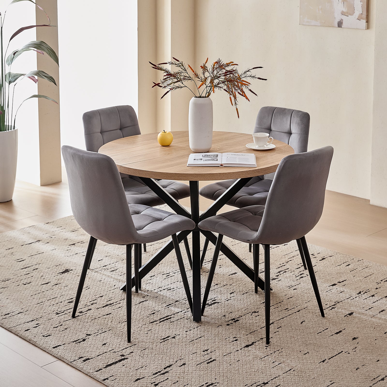 39" Round Dining Table Set for 4, Mid Century Kitchen Table with 4 Grey Velvet Upholstered Dining Chairs for Apartment Living Room Space Saving
