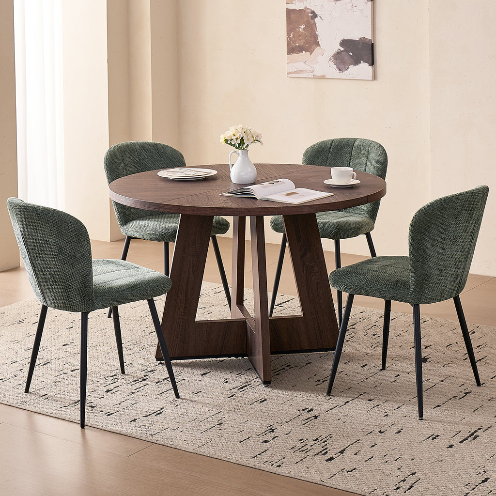 5 Piece 47" Round Dining Room Table Set for 4, [Fanned Base] [1.38" Thick Top] Wood Kitchen Table with 4 Green Chenille Dining Chairs