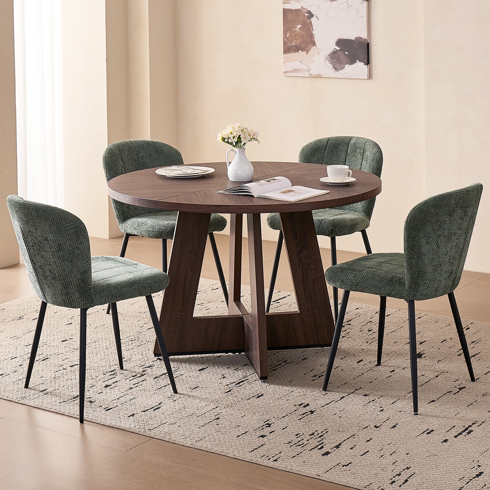 5 Piece 47" Round Dining Room Table Set for 4, [Fanned Base] [1.38" Thick Top] Wood Kitchen Table with 4 Green Chenille Dining Chairs