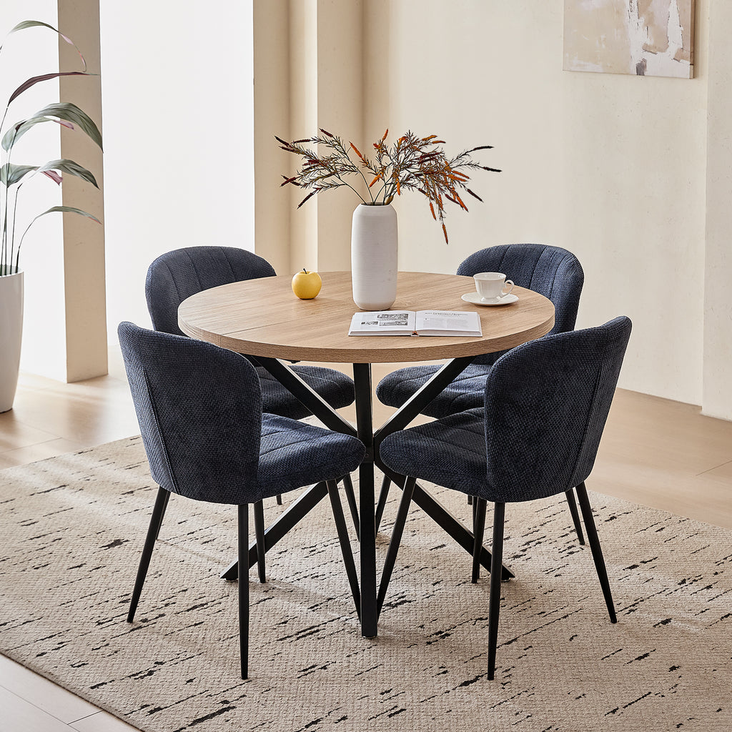 39" Round Dining Table Set for 4, Mid Century Kitchen Table with 4 Upholstered Accent Chenille Dining Chairs for Apartment Living Room, Space Saving, Blue