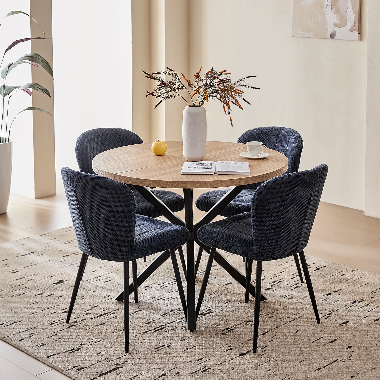 39" Round Dining Table Set for 4, Mid Century Kitchen Table with 4 Upholstered Accent Chenille Dining Chairs for Apartment Living Room, Space Saving, Blue