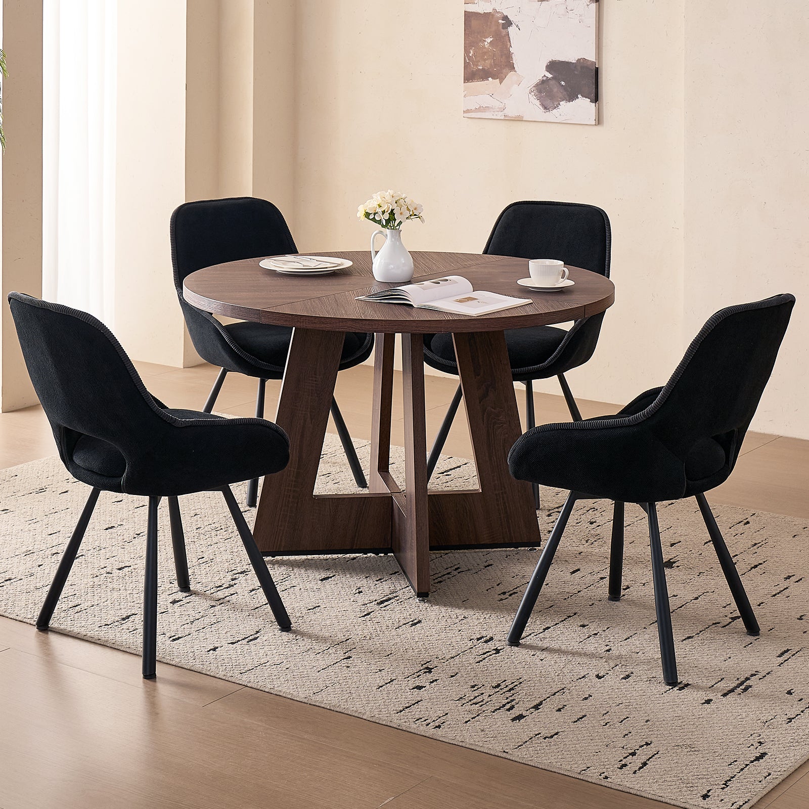 5 Piece 47" Round Dining Table Set for 4, [Fanned Base] [1.38" Thick Top] Wood Kitchen Table with 4 Swivel Dining Chairs, Black