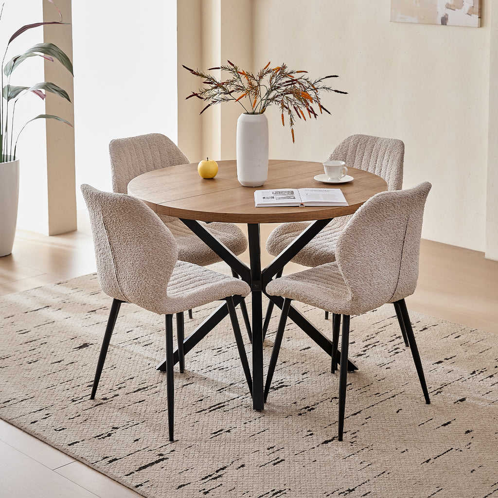 39" Round Dining Table Set for 4, Mid Century Kitchen Table with 4 Beige Upholstered Dining Chairs for Apartment Living Room Space Saving,Brown Table