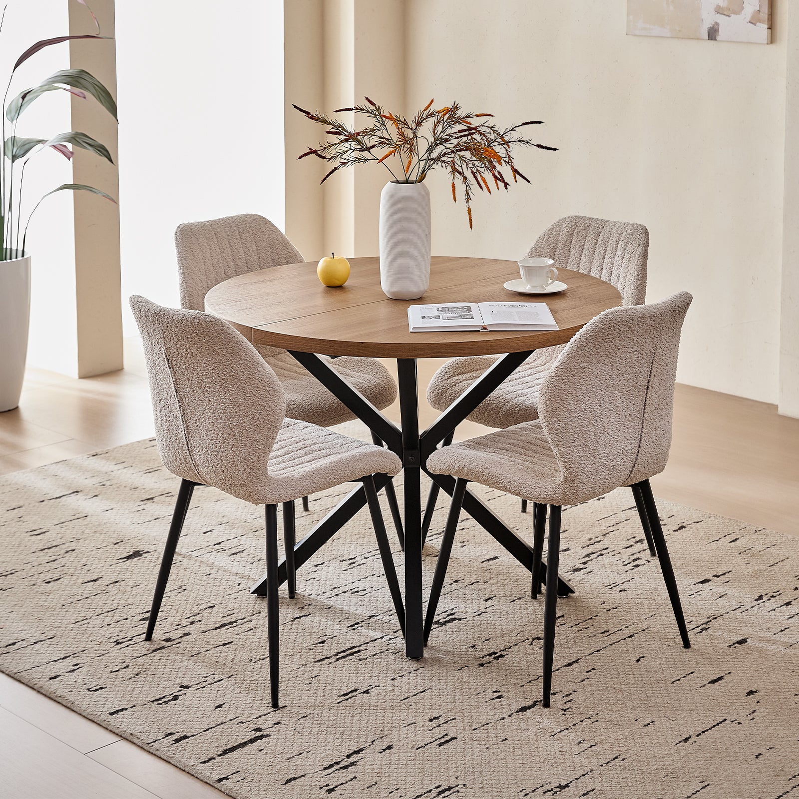 39" Round Dining Table Set for 4, Mid Century Kitchen Table with 4 Beige Upholstered Dining Chairs for Apartment Living Room Space Saving,Brown Table