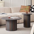 Round Nesting Coffee Tables Set of 2, Boho Wood Circle Side Table with Fluted Drum Design, Farmhouse End Table for Living Room Bedroom Apartment, Black