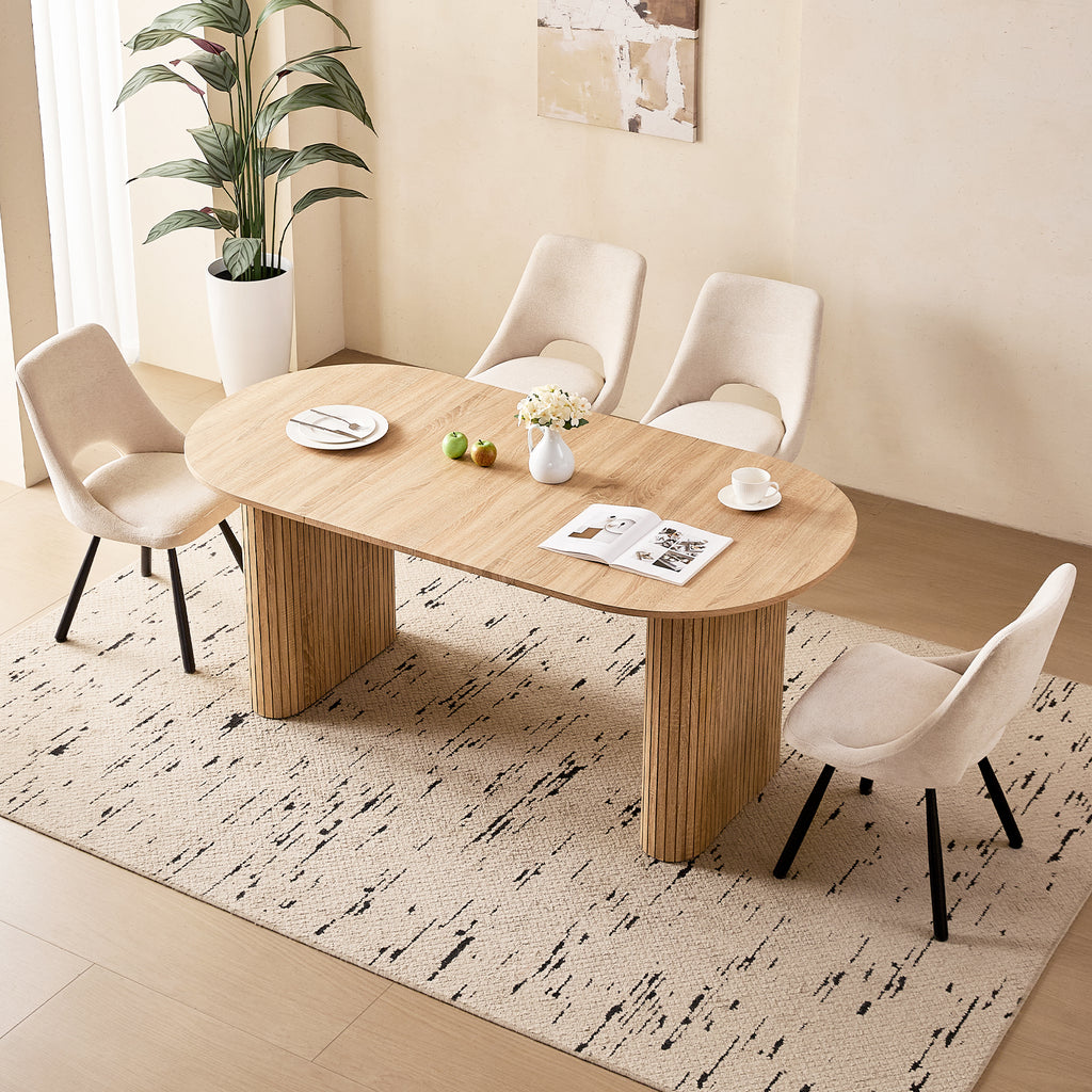 71" Natural Large Dining Table Set for 4 Modern Kitchen Table with Beige Boucle Upholstered Kitchen Chairs Set of 4