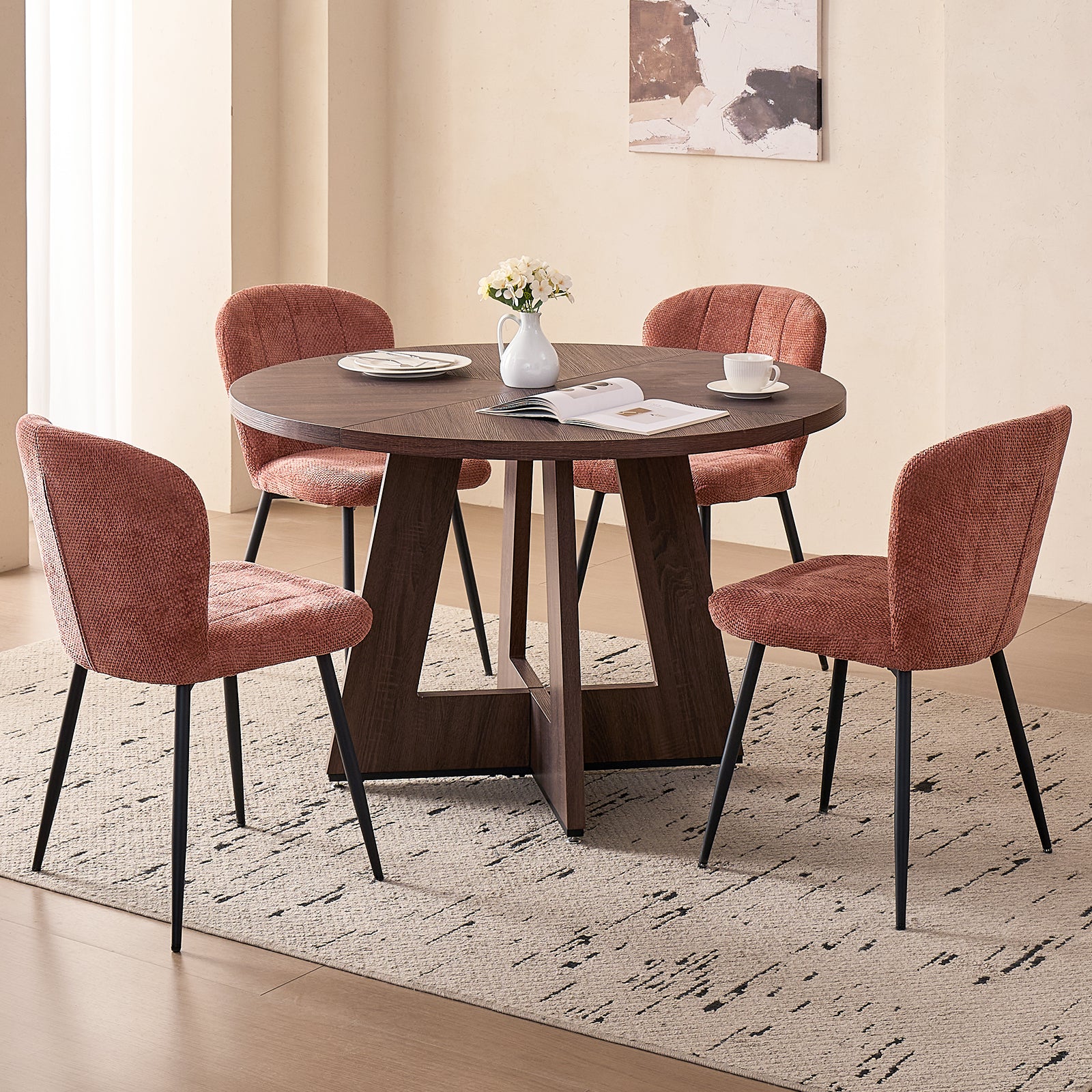 5 Piece 47" Round Dining Room Table Set for 4, [Fanned Base] [1.38" Thick Top] Wood Kitchen Table with 4 Orange Chenille Dining Chairs
