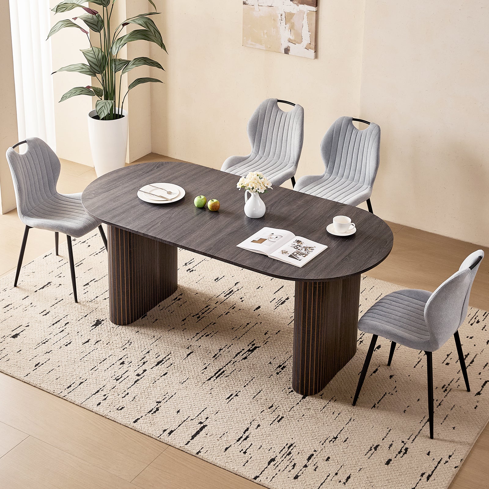 71" Large Dining Table Set for 4, Rounded Corners Farmhouse Modern Rectangle Wood Kitchen Table with Fabric Wingback Dining Chairs for Living Room Apartment Waiting Room