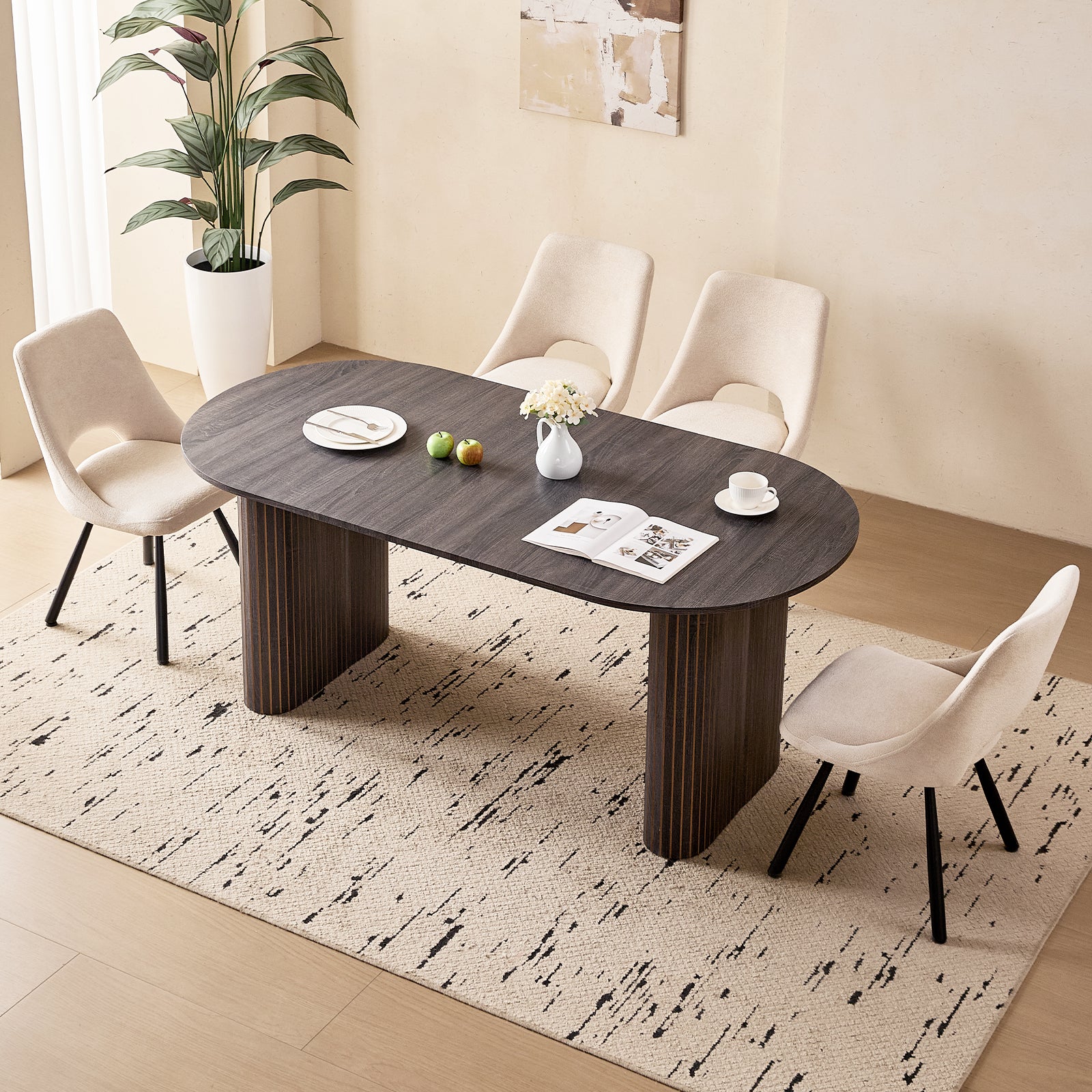 71" Black Large Dining Table Set for 4 Modern Kitchen Table with Beige Boucle Upholstered Kitchen Chairs Set of 4