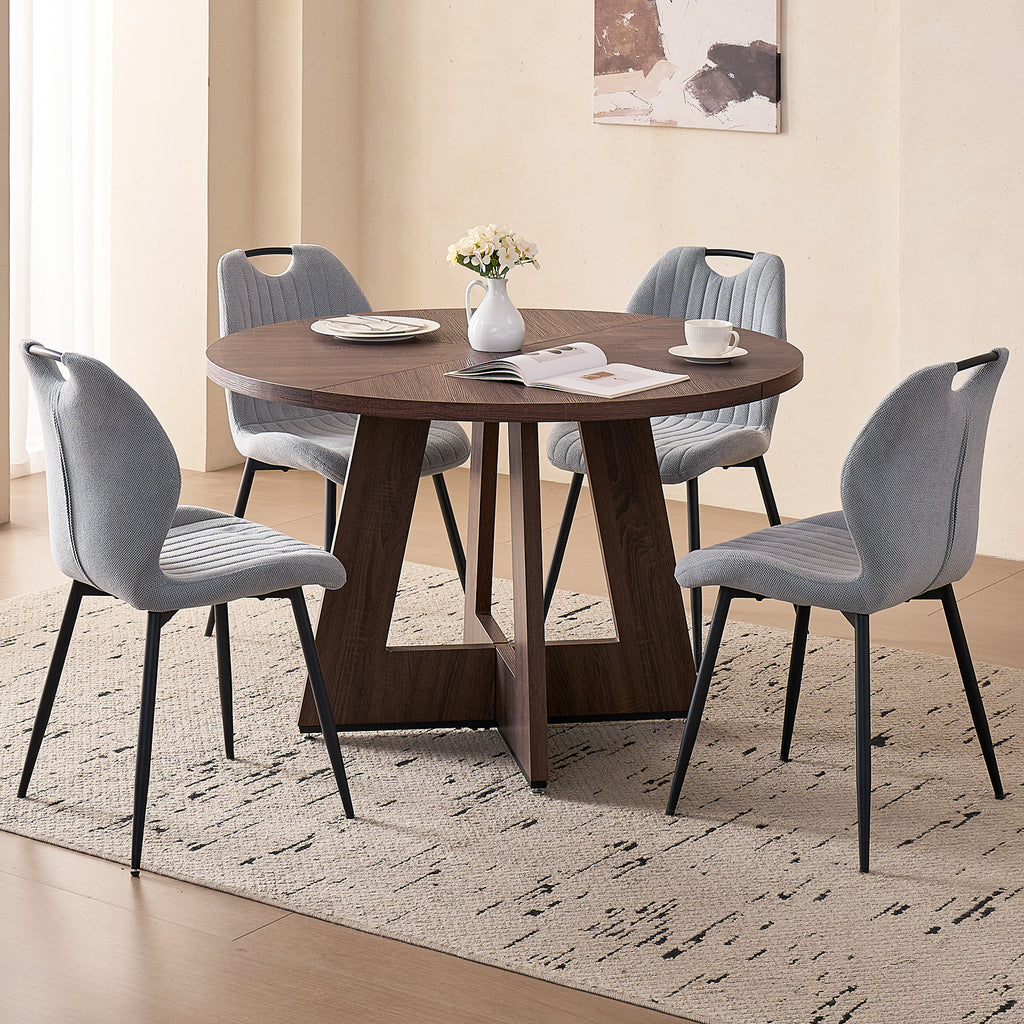 5 Piece 47'' Round Dining Table Chairs Set for 4, Farmhouse Walnut Kitchen Table with 4 Scandi Mid Century Modern Dinning Room Chairs, Wood Dinner Table &Upholstered Fabric Chairs Set of 4, Grey