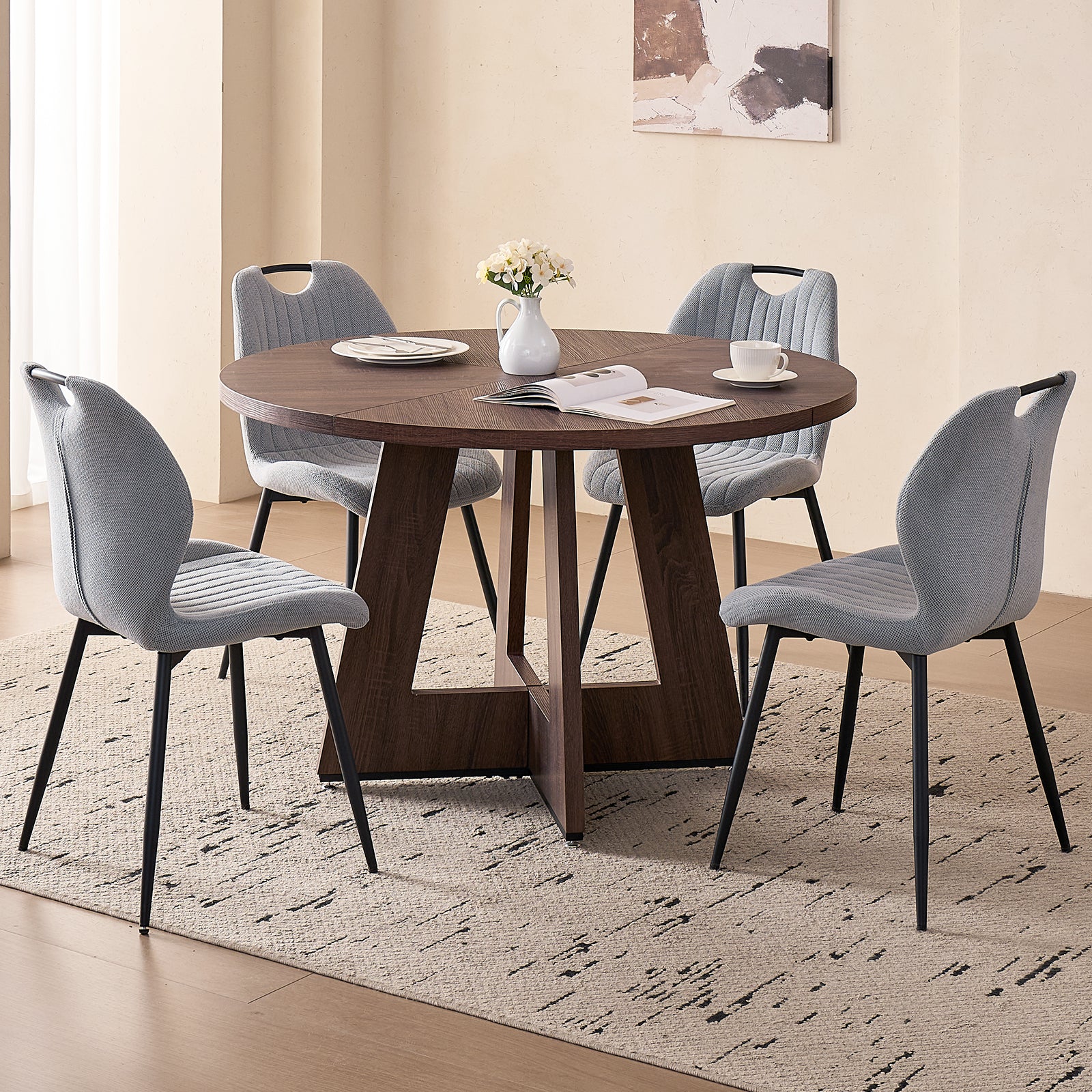 5 Piece 47'' Round Dining Table Chairs Set for 4, Farmhouse Walnut Kitchen Table with 4 Scandi Mid Century Modern Dinning Room Chairs, Wood Dinner Table &Upholstered Fabric Chairs Set of 4, Grey