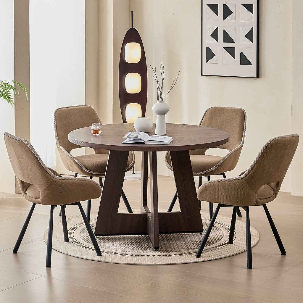 5 Piece 47" Round Dining Table Set for 4, [Fanned Base] [1.38" Thick Top] Wood Kitchen Table with 4 Swivel Dining Chairs, Brown