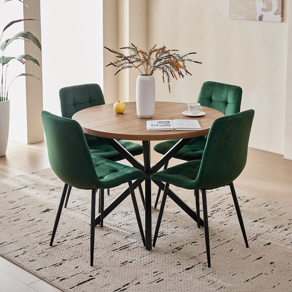 5 Pieces Round Dining Table Set - Mid-Century Modern Brown Dinner Table with 4 Green Velvet Chairs Set, Coffee Table & Chair with Black Metal Legs for Kitchen Dining Room, Apartment