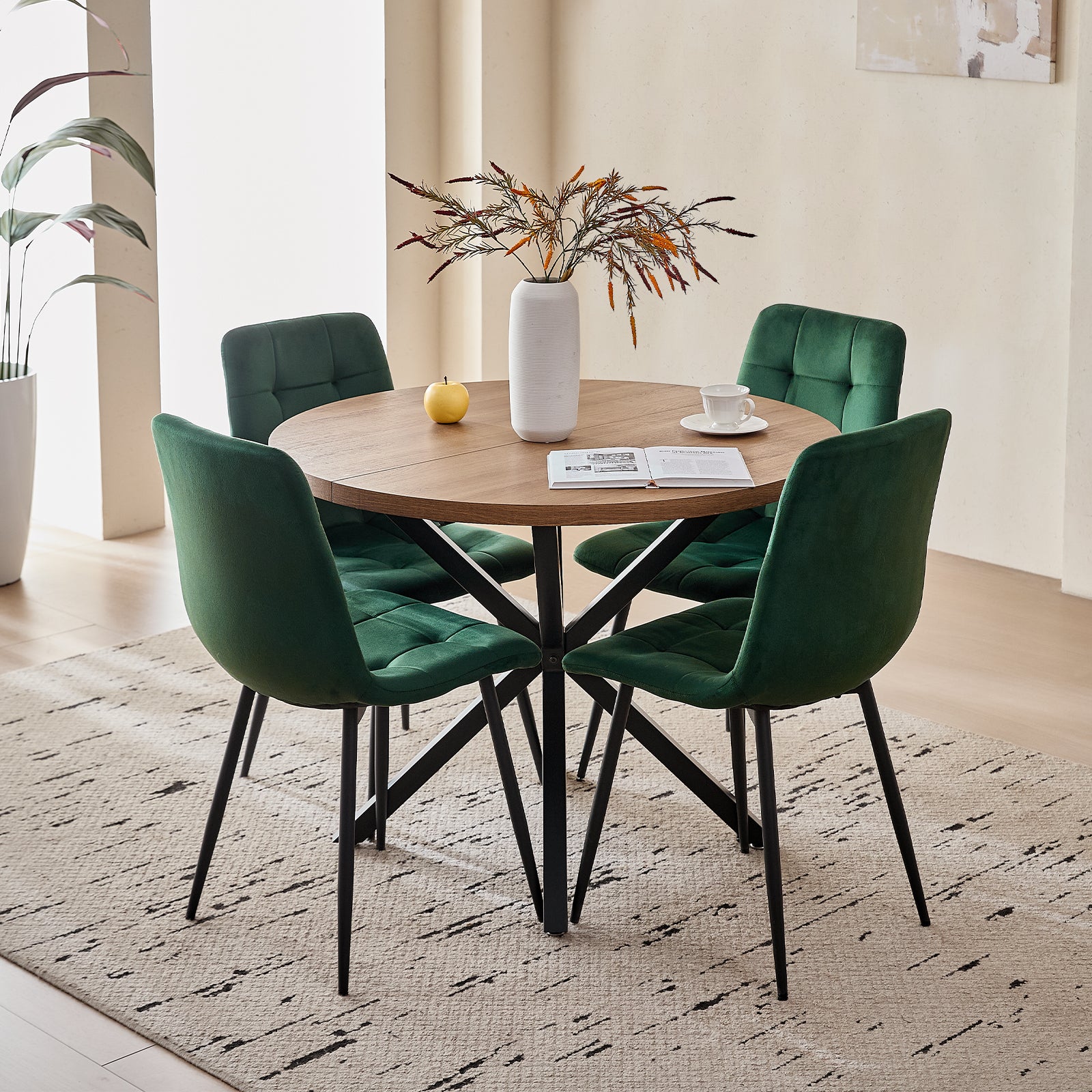 5 Pieces Round Dining Table Set - Mid-Century Modern Brown Dinner Table with 4 Green Velvet Chairs Set, Coffee Table & Chair with Black Metal Legs for Kitchen Dining Room, Apartment