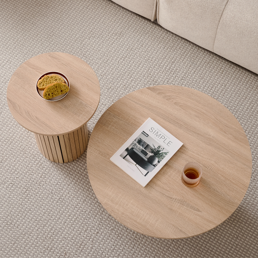 Round Nesting Coffee Tables Set of 2, Boho Wood Circle Side Table Fluted Drum, Farmhouse End Table for Living Room Bedroom, Apartment(Natural)