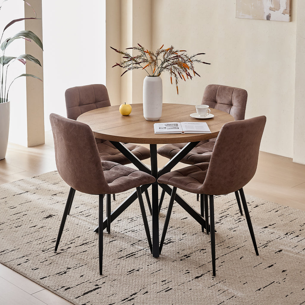 5 Pieces Round Dining Table Set - Mid-Century Brown Dining Table with 4 Brown Faux Leather Chairs Set, Coffee Table & Chairs with Black Metal Legs for Kitchen Dining Room, Apartment