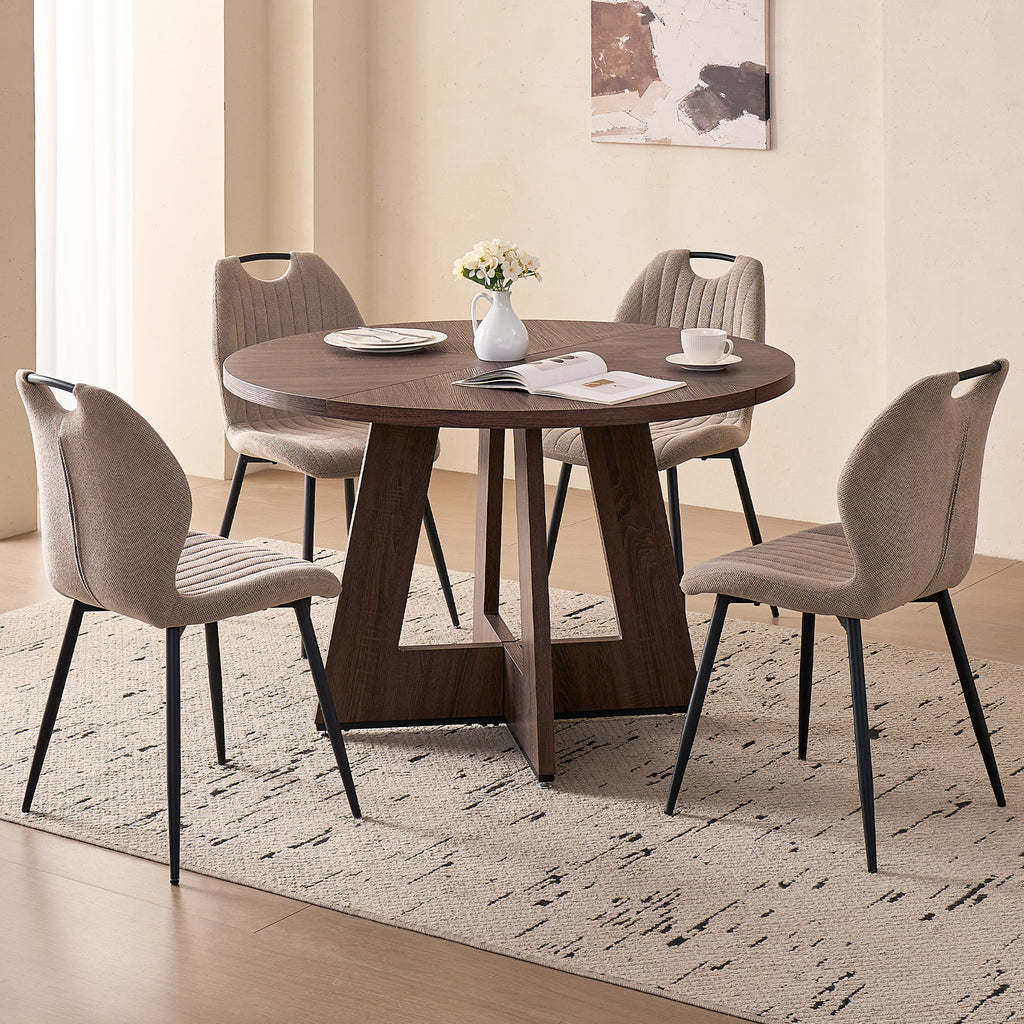 5 Piece 47'' Round Dining Table Chairs Set for 4, Farmhouse Walnut Kitchen Table with 4 Scandi Mid Century Modern Dinning Room Chairs, Wood Dinner Table &Upholstered Fabric Chairs Set of 4, Khaki