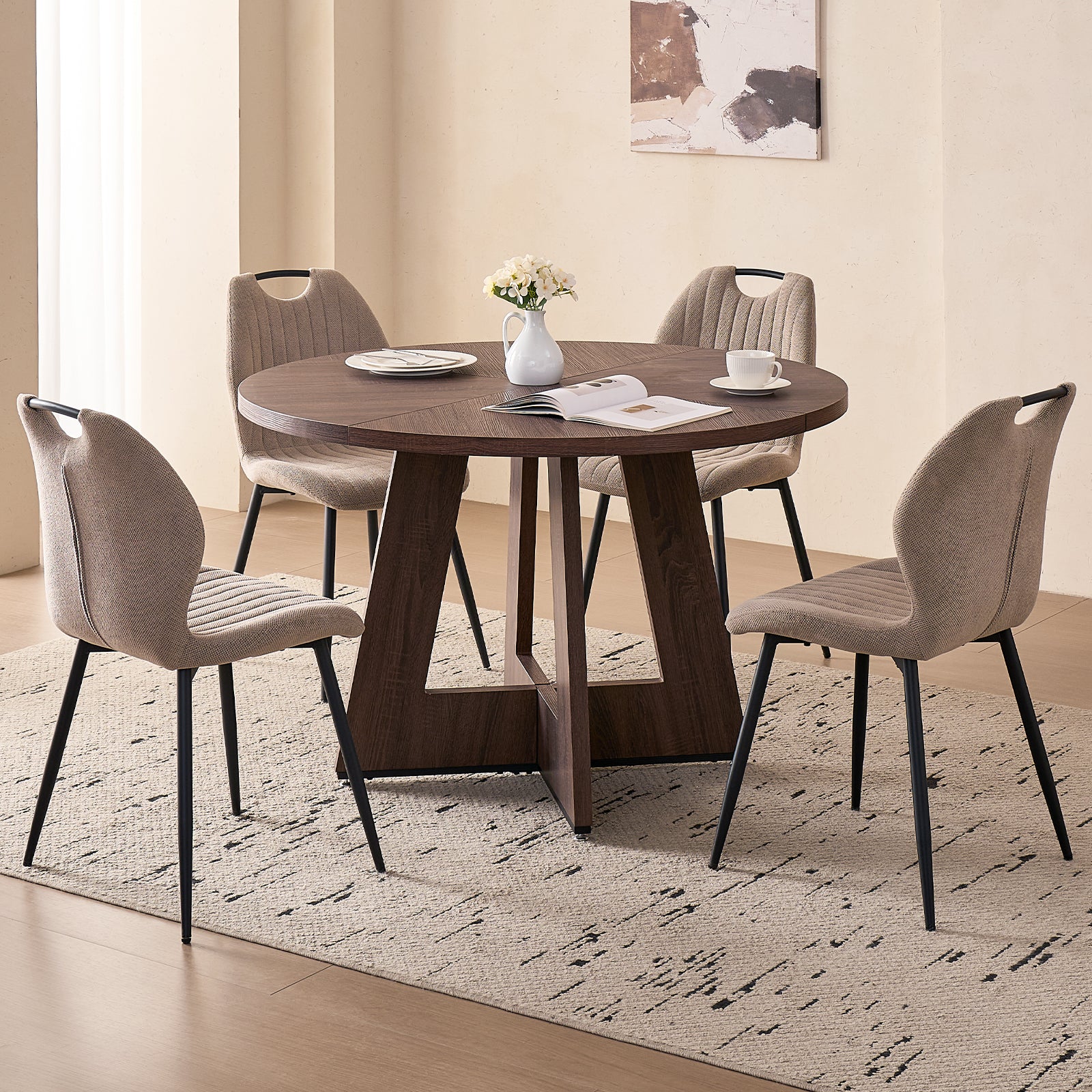5 Piece 47'' Round Dining Table Chairs Set for 4, Farmhouse Walnut Kitchen Table with 4 Scandi Mid Century Modern Dinning Room Chairs, Wood Dinner Table &Upholstered Fabric Chairs Set of 4, Khaki