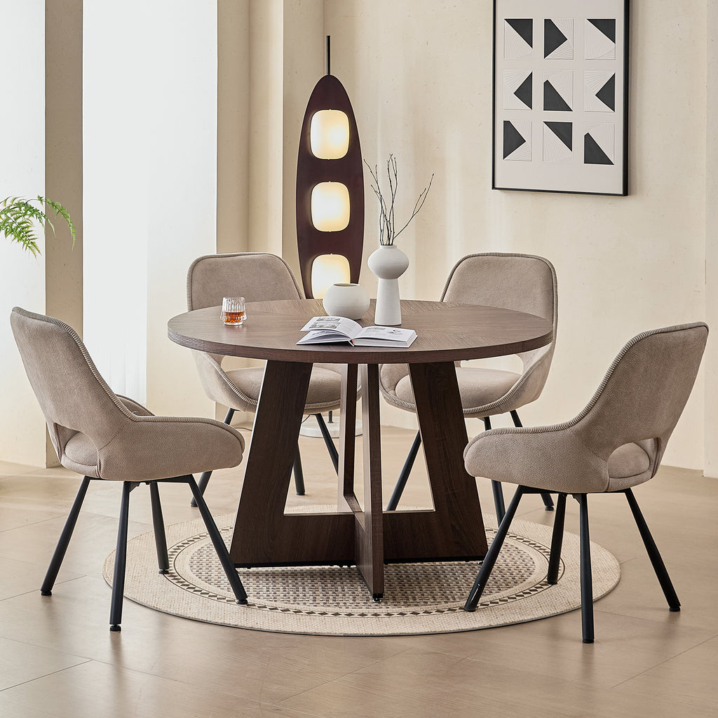 5 Piece 47" Round Dining Table Set for 4, [Fanned Base] [1.38" Thick Top] Wood Kitchen Table with 4 Swivel Dining Chairs, Beige