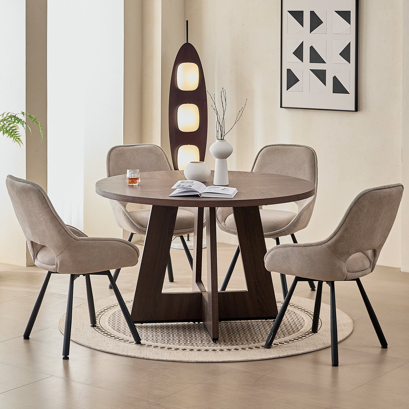 5 Piece 47" Round Dining Table Set for 4, [Fanned Base] [1.38" Thick Top] Wood Kitchen Table with 4 Swivel Dining Chairs, Beige