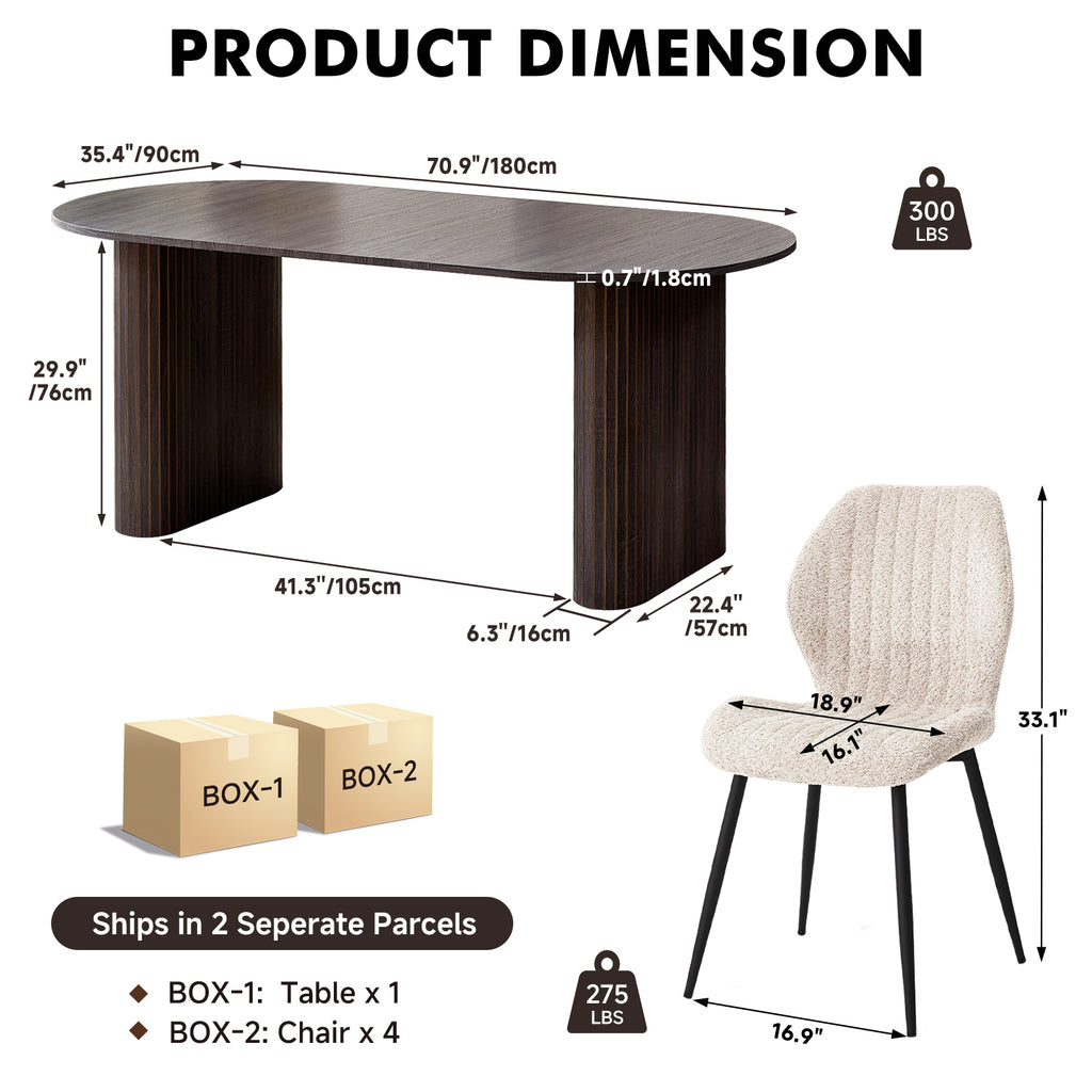 71" Large Dining Table Set for 4, Rounded Corners Farmhouse Modern Rectangle Wood Kitchen Table with Boucle Chairs Set of 4