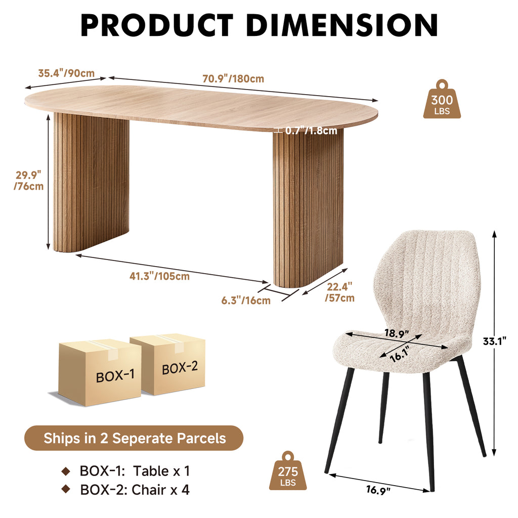 71" Large Dining Table Set for 4, Rounded Corners Farmhouse Modern Rectangle Wood Kitchen Table with Boucle Chairs Set of 4