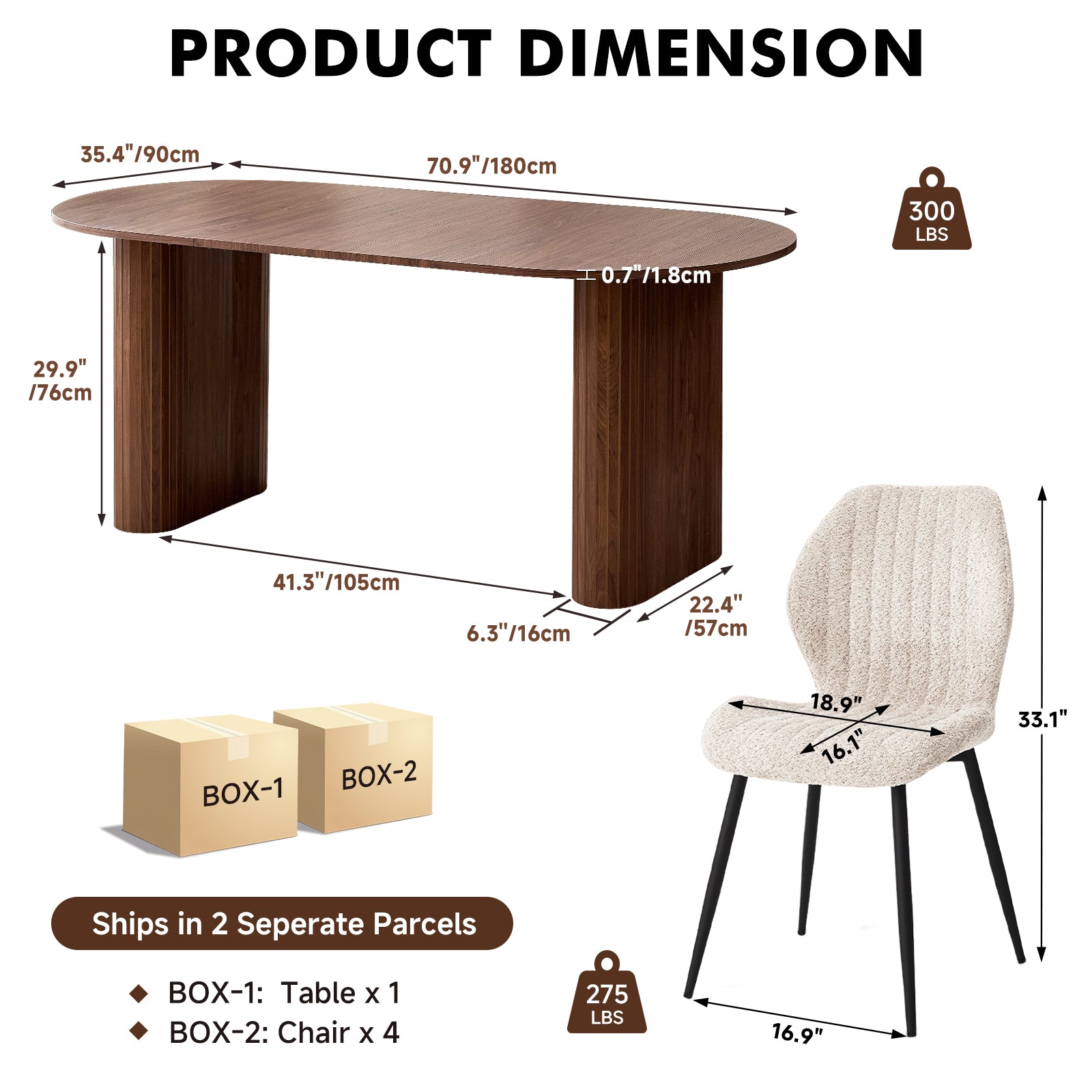 71" Large Dining Table Set for 4, Rounded Corners Farmhouse Modern Rectangle Wood Kitchen Table with Boucle Chairs Set of 4
