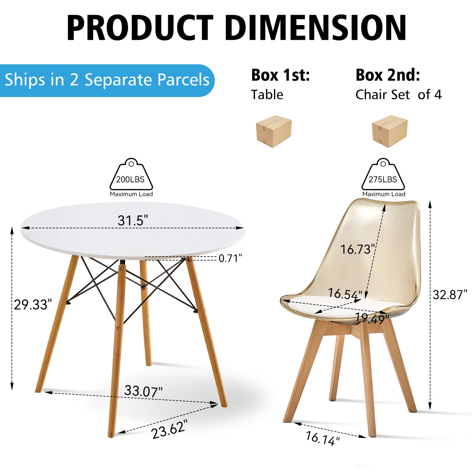 5 Piece Round Dining Table Set for 4, 31.5" Kitchen Table with 4 Clear Brown Acrylic Chairs for Restaurant Bedroom Living Room, Space Saving White Table Chair Set of 4