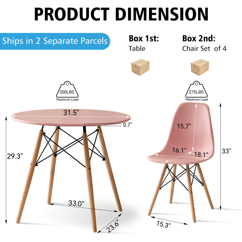 5-Piece 31.5'' Round Dining Table Set for 4, Kitchen Table Chair Set of 4, Mid-Century Modern Dinette Dining Room Table Set Dinner Table for 4 W/Solid Wood Legs, Pink