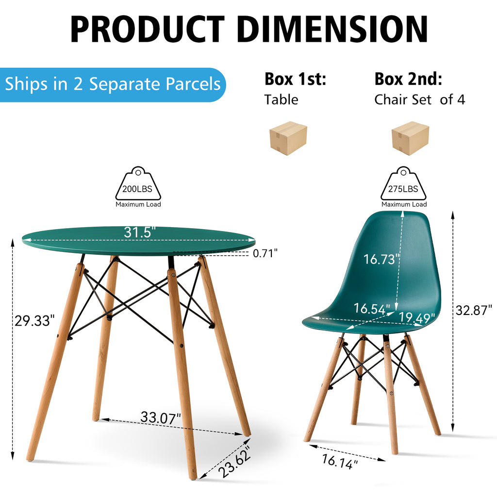 5 Piece 31.5'' Round Dining Table Set for 4, Kitchen Table & Chairs Set of 4, Mid-Century Modern Table W/ 4 Chairs for Home, Living Room, Apartment, Wood Legs, Metal Frame, Green