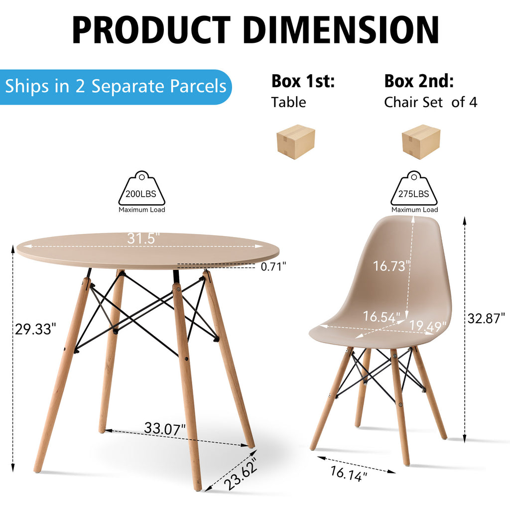 5 Piece 31.5'' Round Dining Table Set for 4, Mid-Century Modern Table W/ 4 Chairs for Kitchen, Home, Living Room, Apartment, Wood Legs, Metal Frame