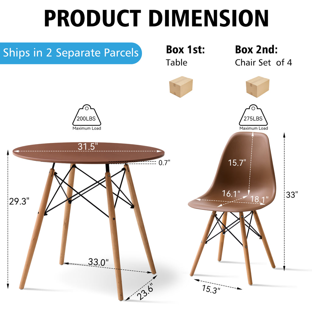 5 Piece 31.5'' Round Dining Table Set for 4, Kitchen Table & Chairs Set of 4, Mid-Century Modern Table W/ 4 Chairs for Home, Living Room, Apartment, Wood Legs, Metal Frame, Brown