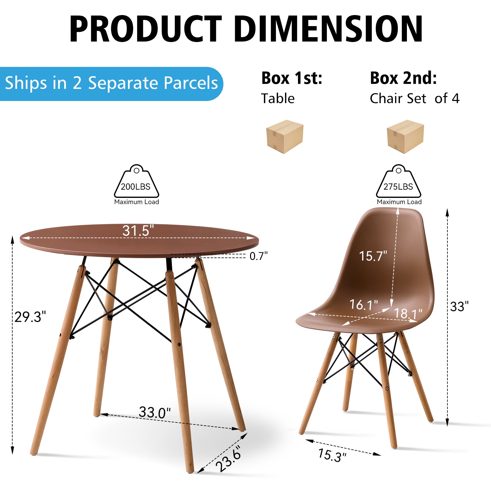 5 Piece 31.5'' Round Dining Table Set for 4, Kitchen Table & Chairs Set of 4, Mid-Century Modern Table W/ 4 Chairs for Home, Living Room, Apartment, Wood Legs, Metal Frame, Brown