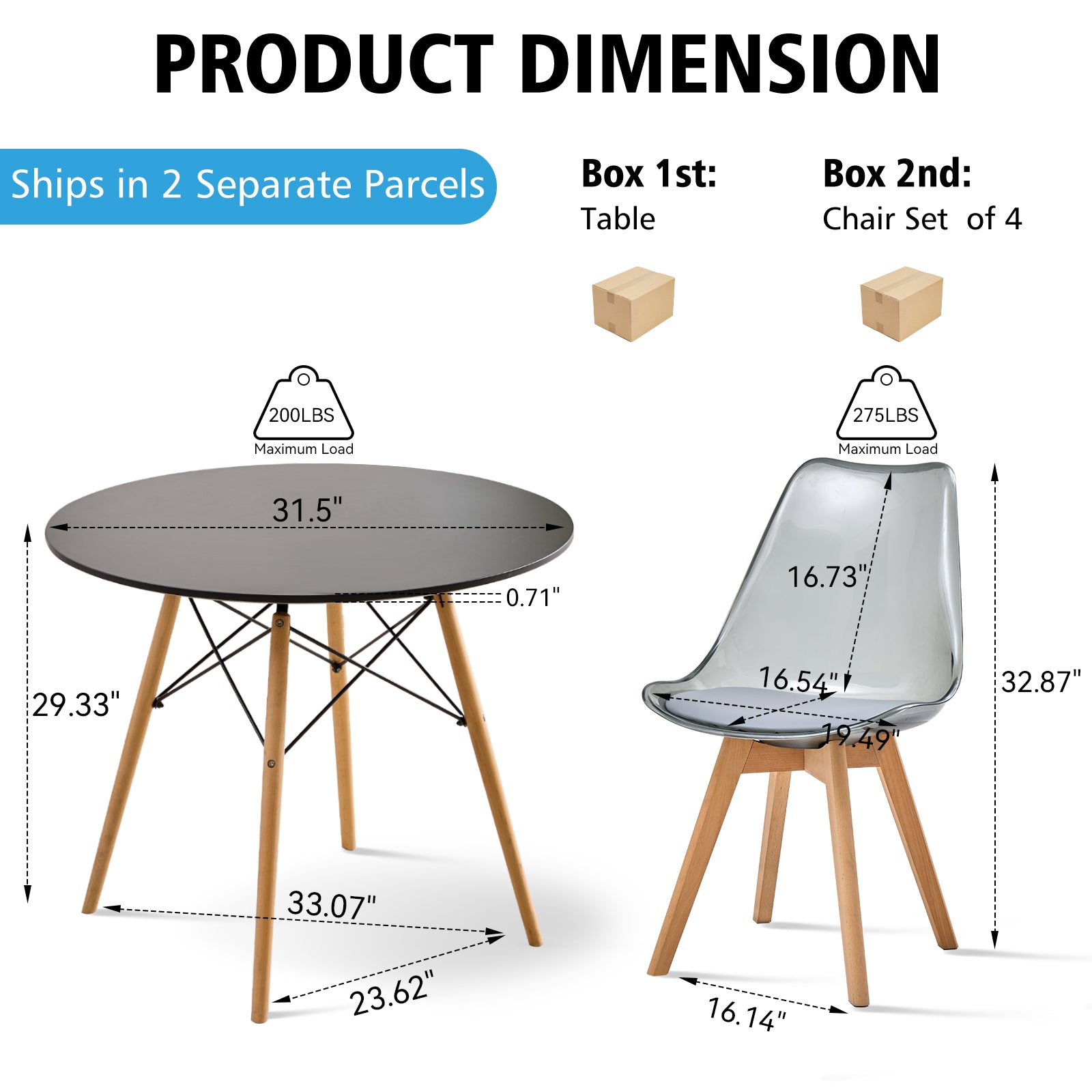 5 Piece Round Dining Table Set for 4, 31.5" Kitchen Table with 4 Clear Gray Acrylic Chairs for Restaurant Bedroom Living Room, Space Saving Black Table Chair Set of 4