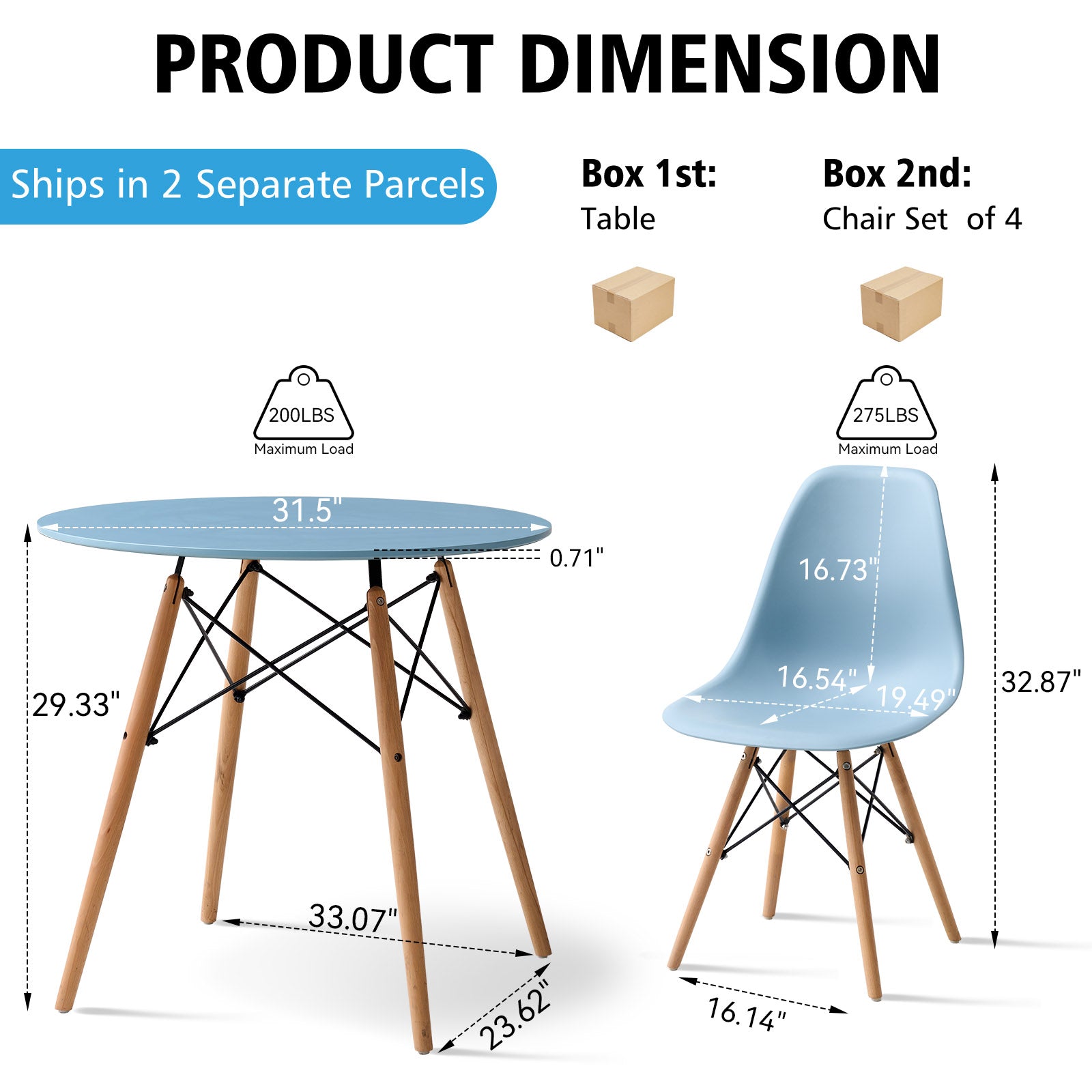 5 Piece 31.5'' Round Dining Table Set for 4, Kitchen Table & Chairs Set of 4, Mid-Century Modern Table W/ 4 Chairs for Home, Living Room, Apartment, Wood Legs, Metal Frame, Blue