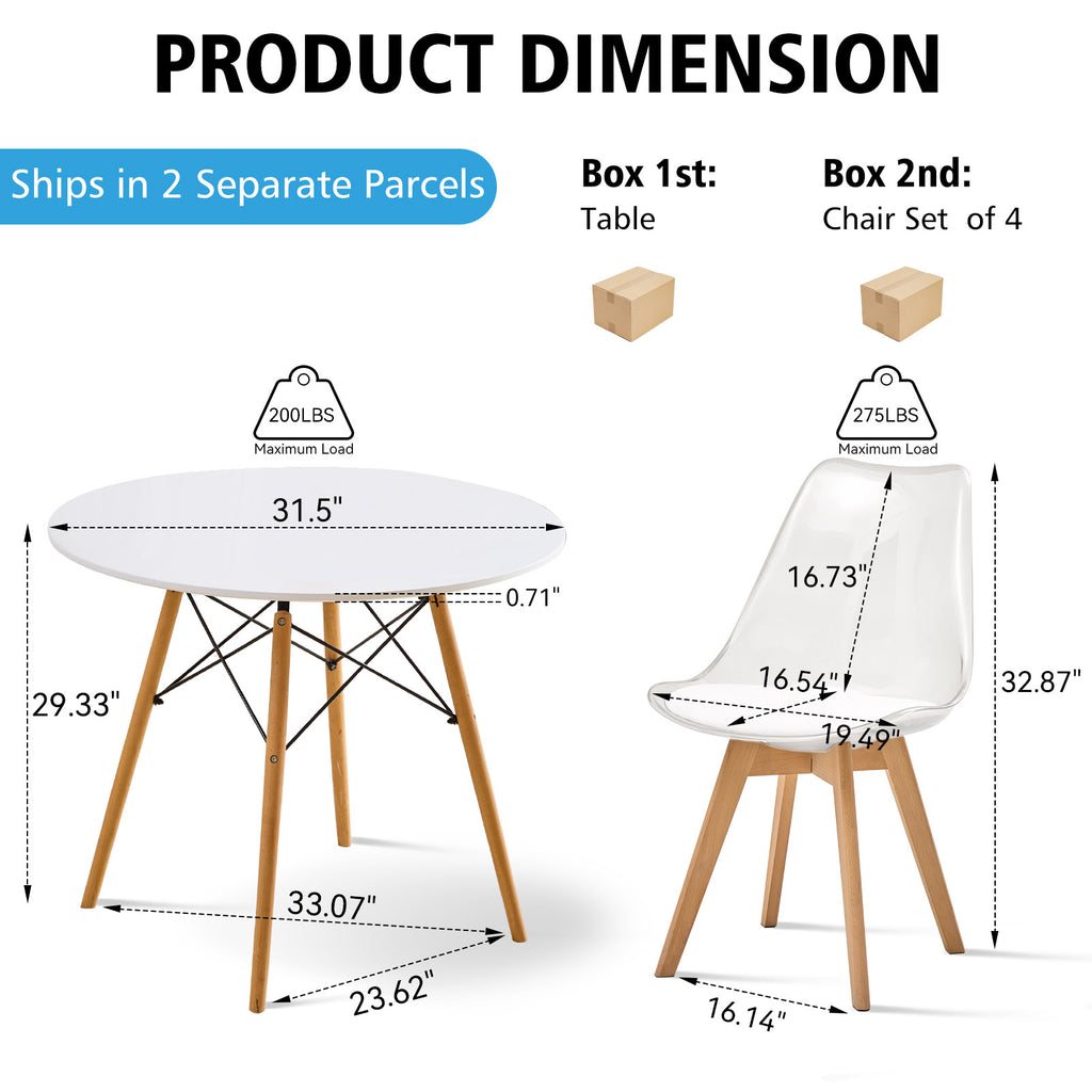 Small Round Dining Table Set for 4, 31.5" Kitchen Table & 4 Clear Acrylic Chairs for Restaurant Bedroom Living Room, Space Saving White Table Chair Set of 4