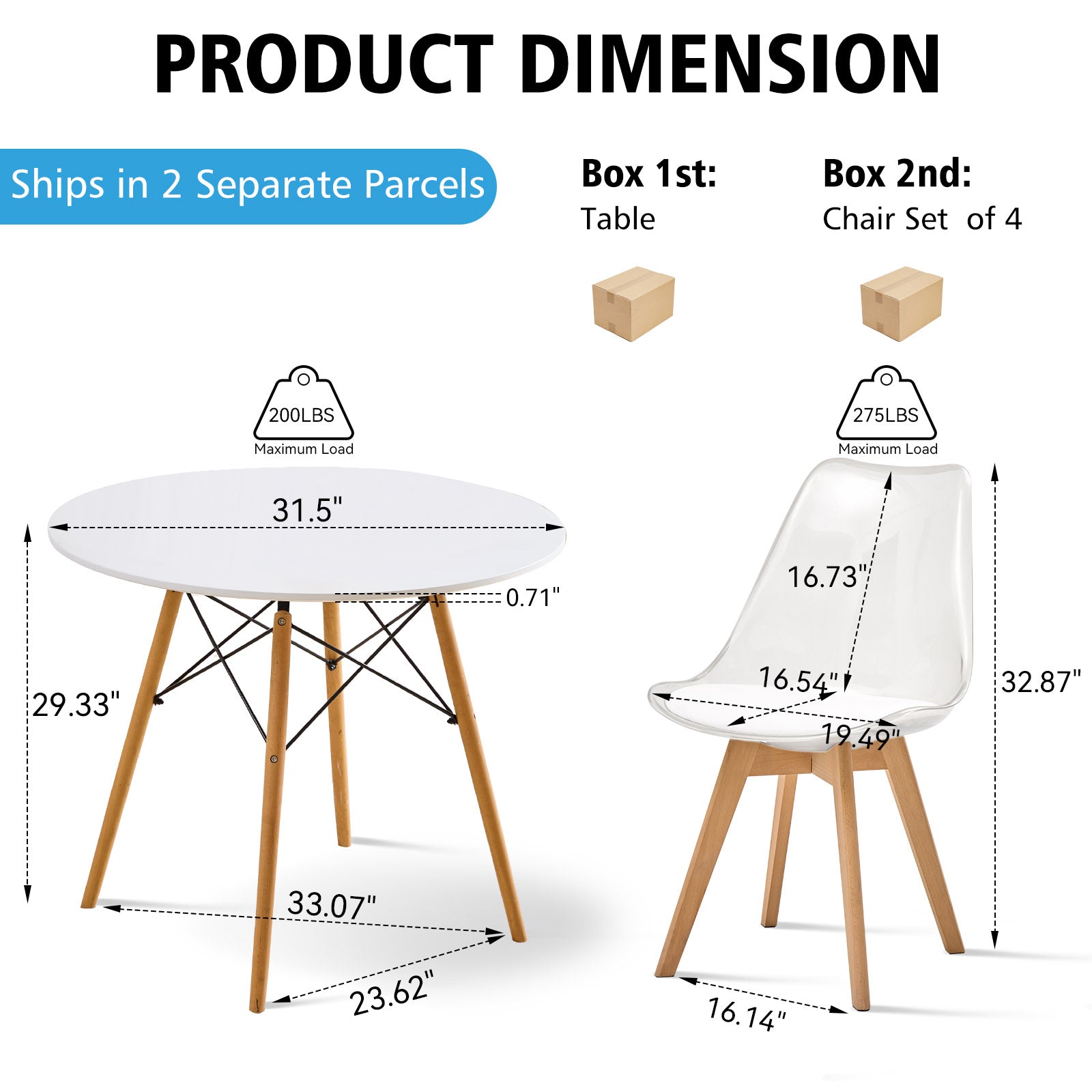 Small Round Dining Table Set for 4, 31.5" Kitchen Table & 4 Clear Acrylic Chairs for Restaurant Bedroom Living Room, Space Saving White Table Chair Set of 4