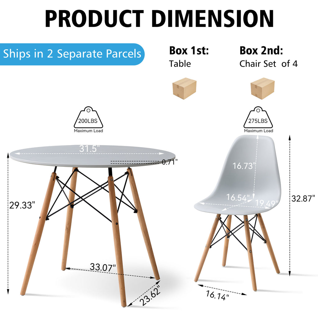5 Piece 31.5'' Round Dining Table Set for 4, Kitchen Table & Chairs Set of 4, Mid-Century Modern Table W/ 4 Chairs for Home, Living Room, Apartment, Wood Legs, Metal Frame, Gray