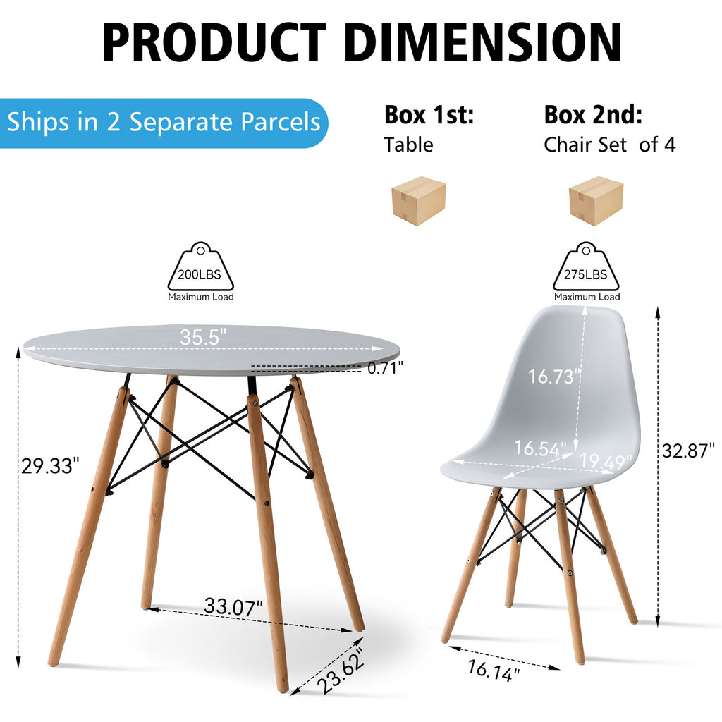 5 Piece 35.5'' Round Dining Table Set for 4, Kitchen Table & Chairs Set of 4, Mid-Century Modern Table W/ 4 Chairs for Home, Living Room, Apartment, Wood Legs, Metal Frame, Gray