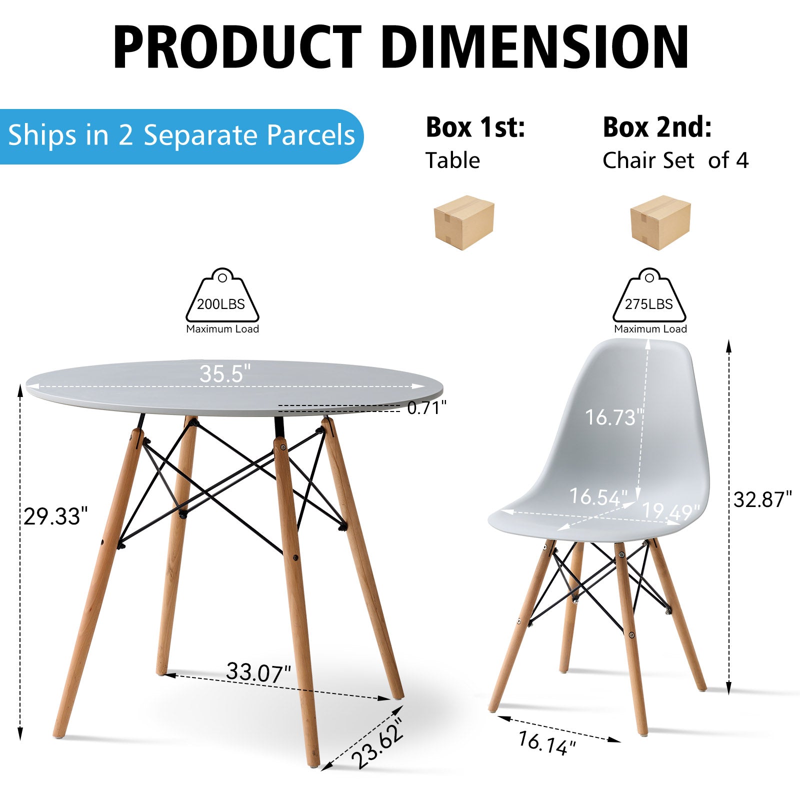 5 Piece 35.5'' Round Dining Table Set for 4, Kitchen Table & Chairs Set of 4, Mid-Century Modern Table W/ 4 Chairs for Home, Living Room, Apartment, Wood Legs, Metal Frame, Gray