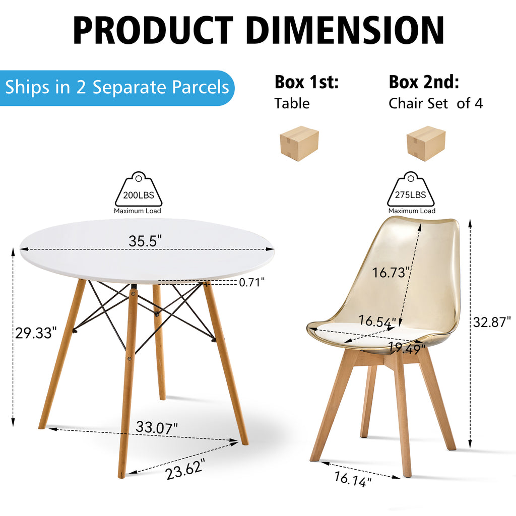 5 Piece Round Dining Table Set for 4, 35.5" Kitchen Table with 4 Clear Brown Acrylic Chairs for Restaurant Bedroom Living Room, Space Saving White Table Chair Set of 4