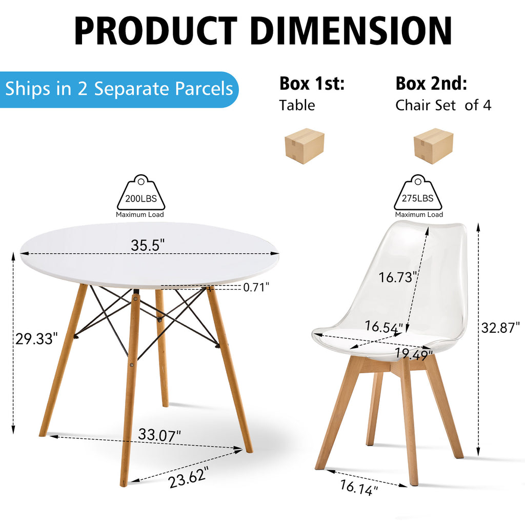 5 Piece Round Dining Table Set for 4, 35.5" Kitchen Table with 4 Clear Acrylic Chairs for Restaurant Bedroom Living Room, Space Saving White Table Chair Set of 4